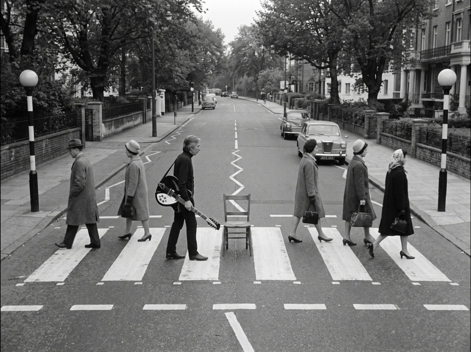 Beat 4: wide reveal of the crossing with the empty chair dead center