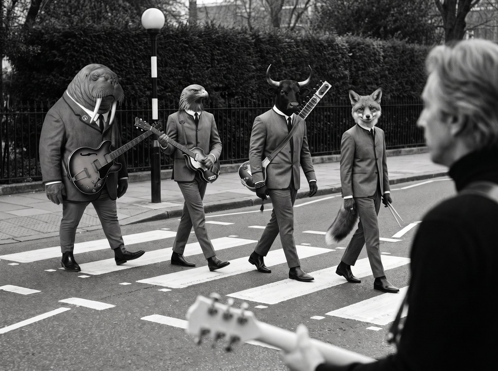 Beat 9: the four representations step off the curb past Mike's shoulder